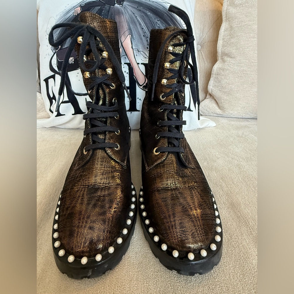 Stuart Weitzman Pearl Studded Lace-Up Boots